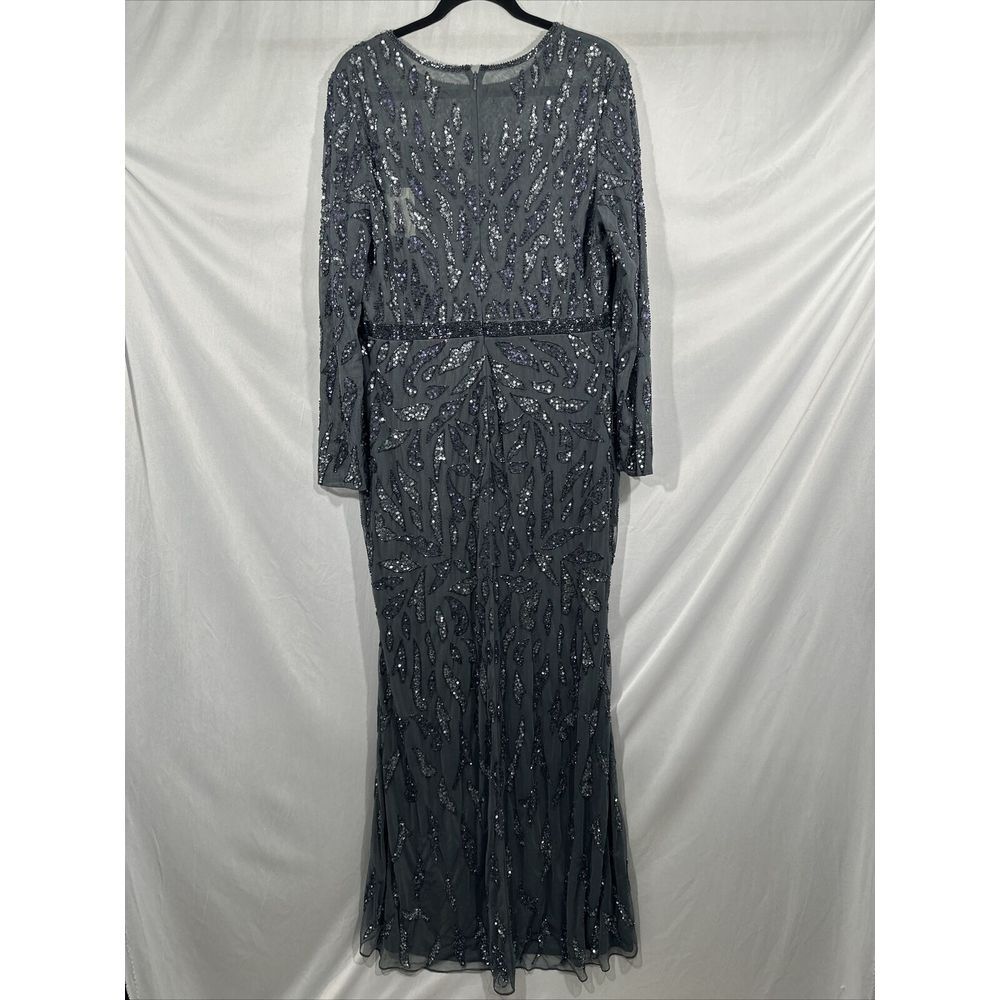 NWT $598 Mac Duggal [ 14 ] Beaded Long Sleeve‎ Evening Gown in Charcoal #S1107 - Picture 11 of 13